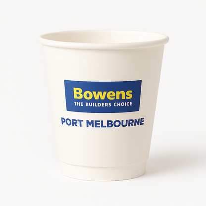 White paper cup with 'Bowens' branding on a white background