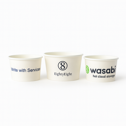 Three custom paper ice cream cups with different logos on a white background
