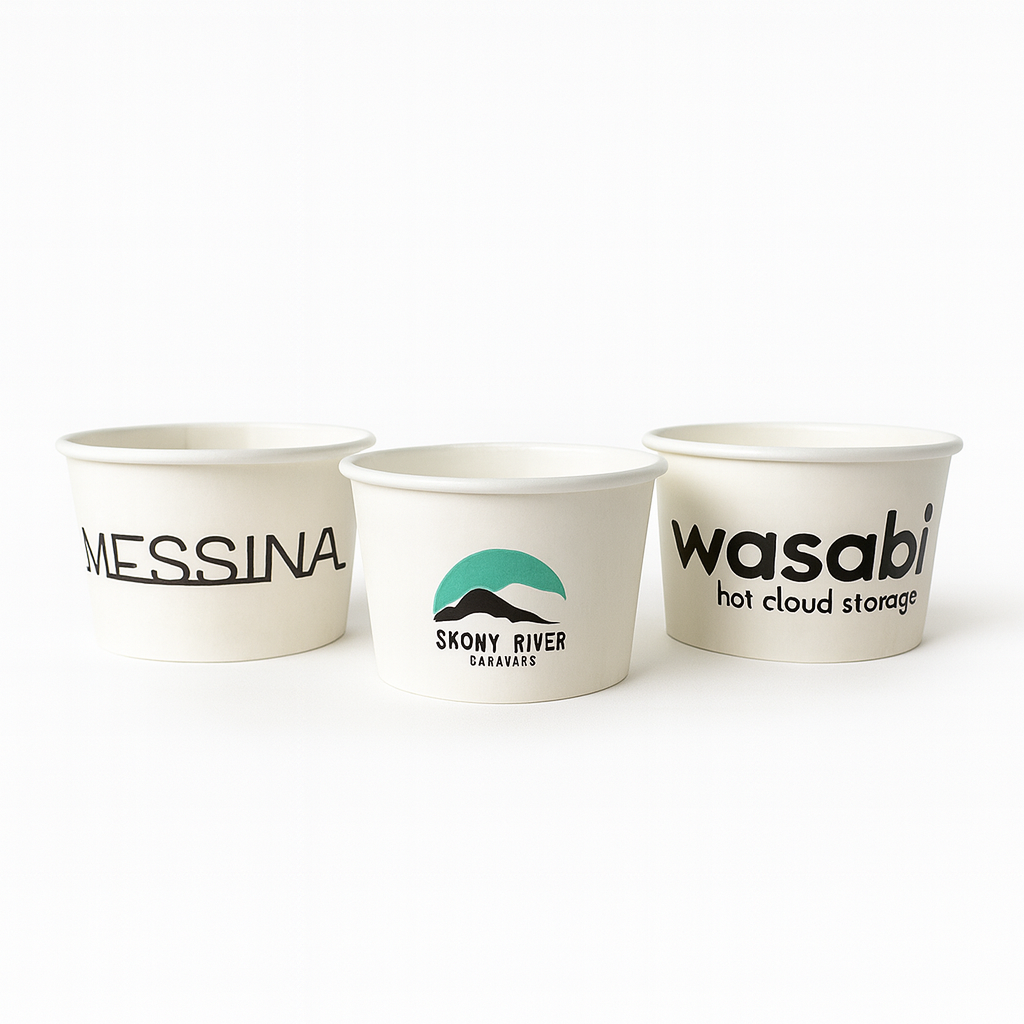 Three custom paper ice cream cups with different logos on a white background