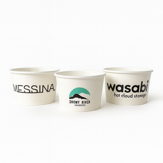 Three custom paper ice cream cups with different logos on a white background - Custom packaging by Exposurepack