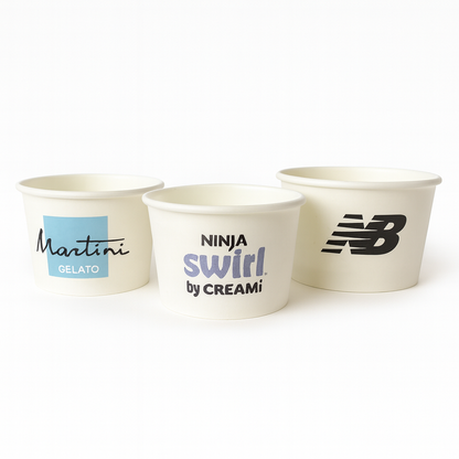 Three custom paper ice cream cups with different logos on a white background