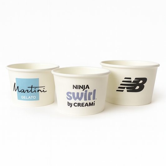 Three custom paper ice cream cups with different logos on a white background - Custom packaging by Exposurepack