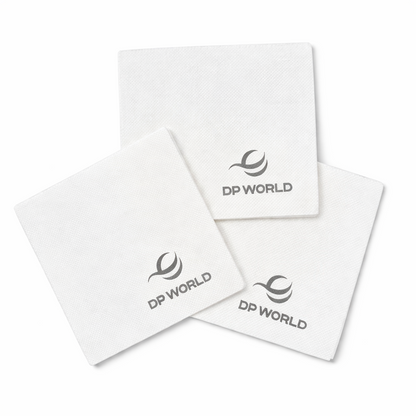 White Cocktail Napkins with DP World logo on a white background