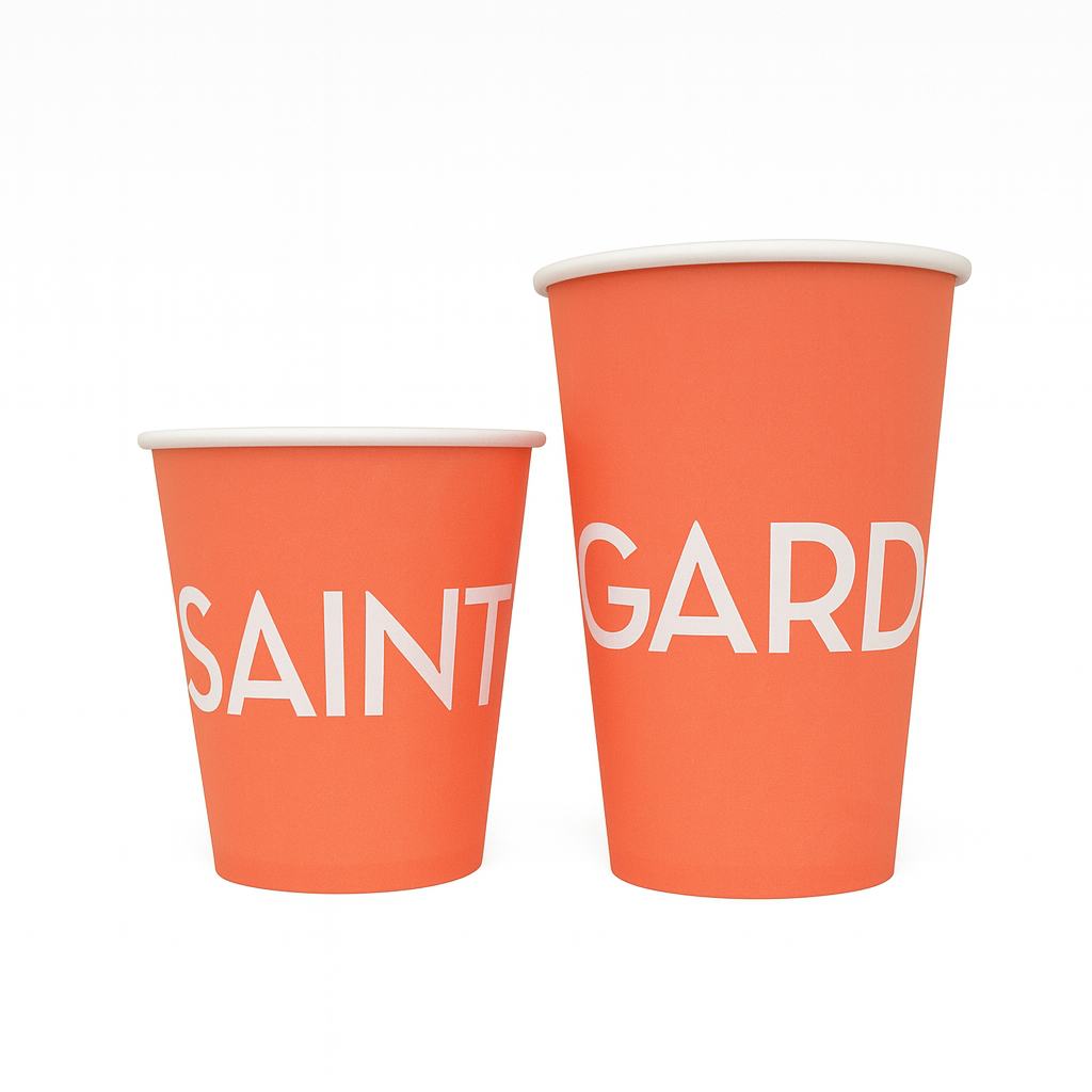 Two orange custom paper cups with white text on a white background