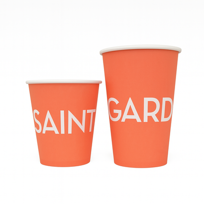Two orange custom paper cups with white text on a white background