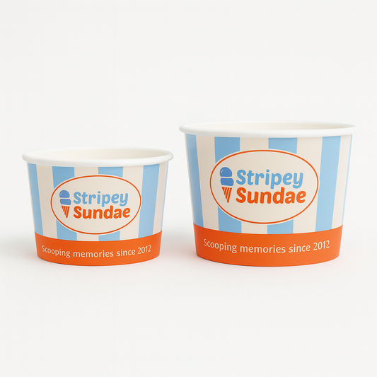 Two paper custom ice cream cups with 'Stripey Sundae' branding on a white background - Custom packaging by Exposurepack