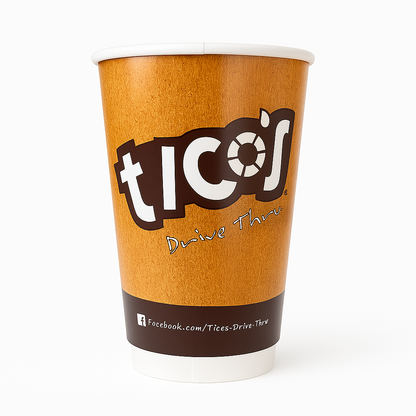 Paper cup with Tico's Drive Thru branding on a white background