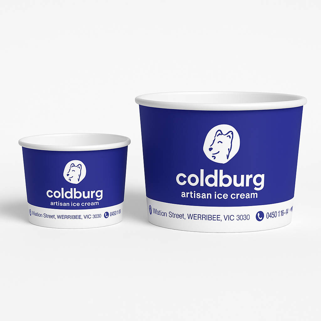 Two blue custom ice cream cups with 'coldburg' branding on a white background