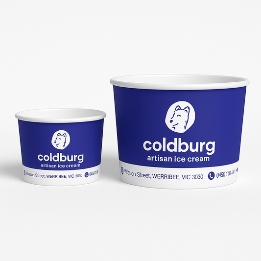 Two blue custom ice cream cups with 'coldburg' branding on a white background - Custom packaging by Exposurepack